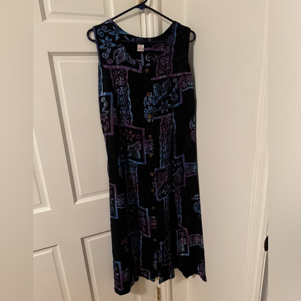 La Luna Loca Button-Down Tank Dress Tropical Butterfly Flower Black Blue Purple